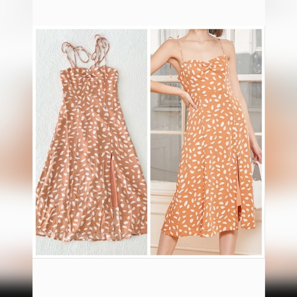 Lulu's Party in Paris Light Orange Print Tie-Strap Midi Dress
